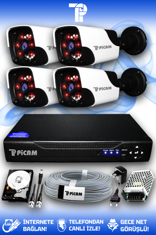 4 Kameralı Panda 4 Dış Kamera Set 2 TB HDD Full HD Gece Görüşlü Güvenlik Kamerası Sistemi