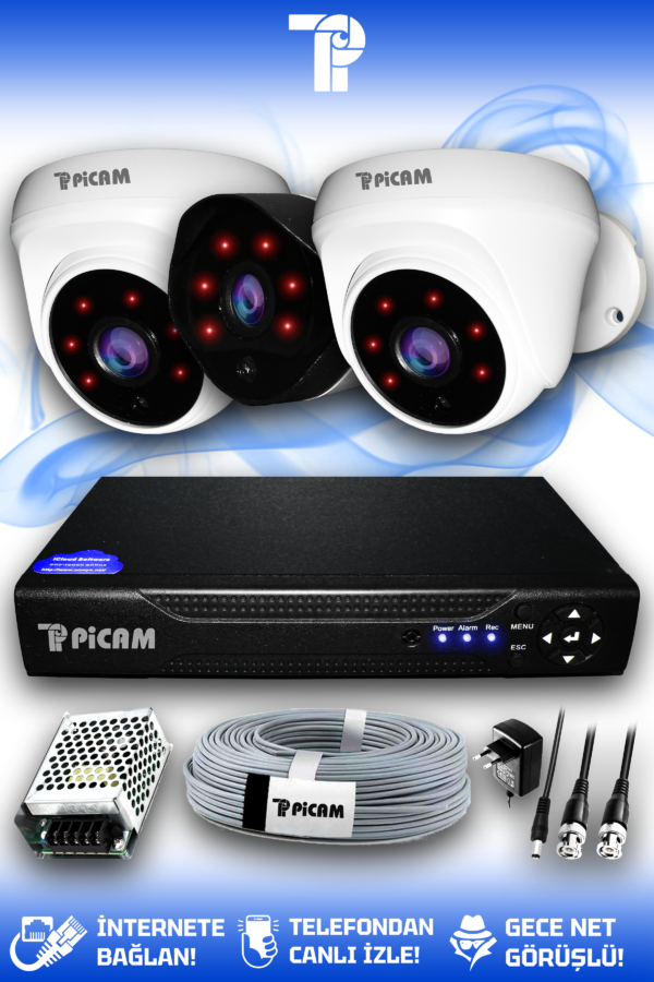 3 Kameralı Uzay 2 İç Kamera Set HDD'siz Full HD Gece Görüşlü Güvenlik Kamerası Sistemi