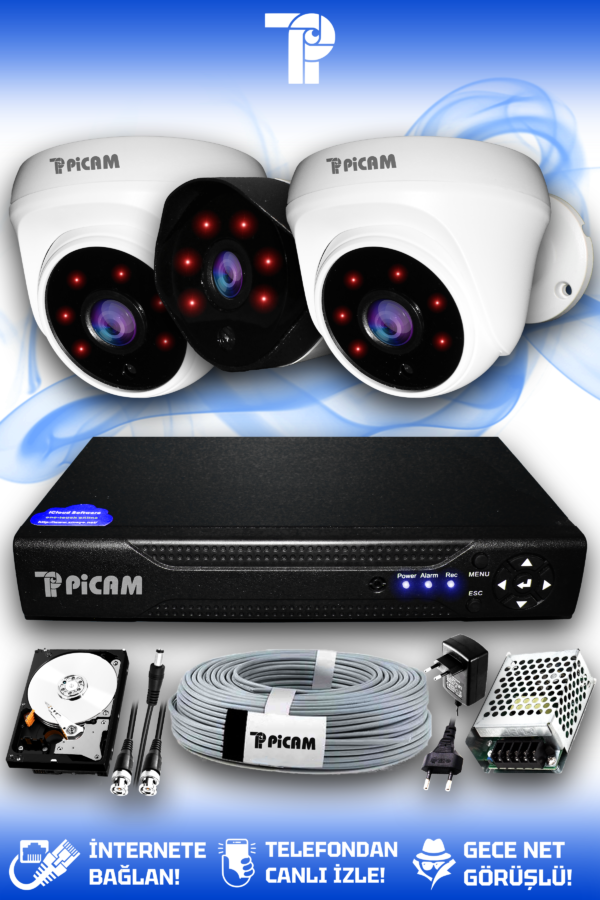3 Kameralı Uzay 2 İç Kamera Set 2 TB HDD Full HD Gece Görüşlü Güvenlik Kamerası Sistemi