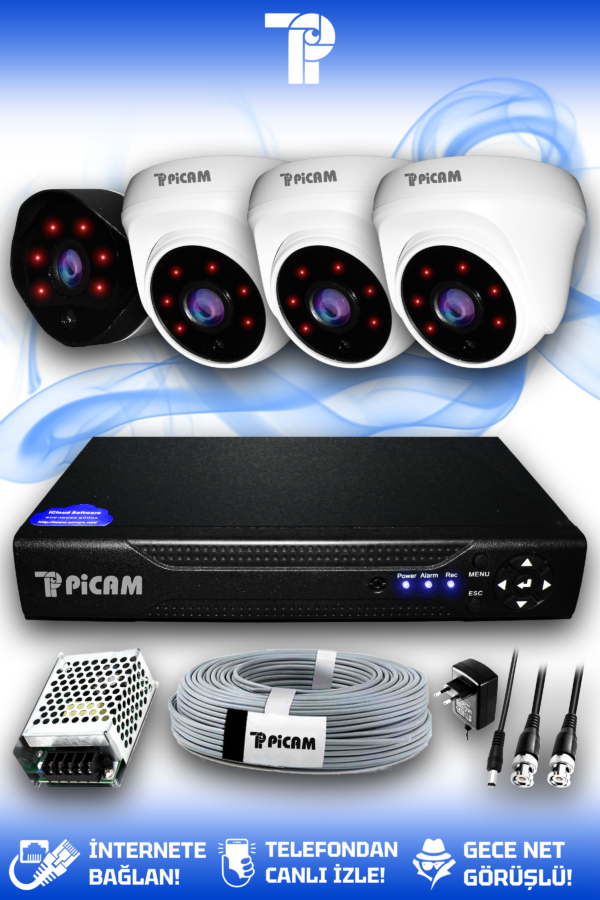 4 Kameralı Uzay 3 İç Kamera Set HDD'siz Full HD Gece Görüşlü Güvenlik Kamerası Sistemi