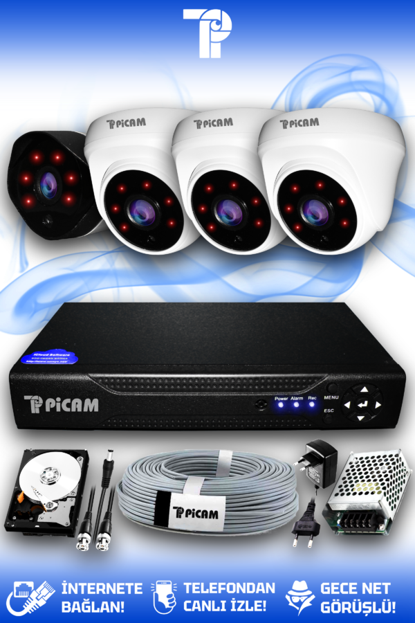4 Kameralı Uzay 3 İç Kamera Set 1 TB HDD Full HD Gece Görüşlü Güvenlik Kamerası Sistemi
