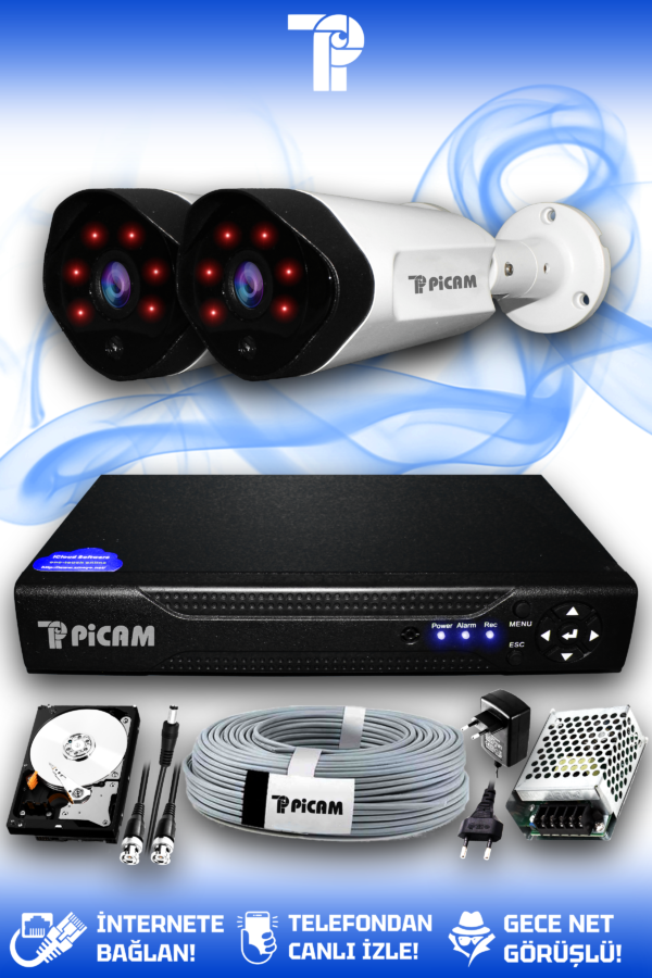 2 Kameralı Uzay 2 Dış Kamera Set 320 GB HDD Full HD Gece Görüşlü Güvenlik Kamerası Sistemi