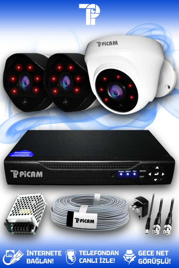 3 Kameralı Uzay 1 İç Kamera Set HDD'siz Full HD Gece Görüşlü Güvenlik Kamerası Sistemi