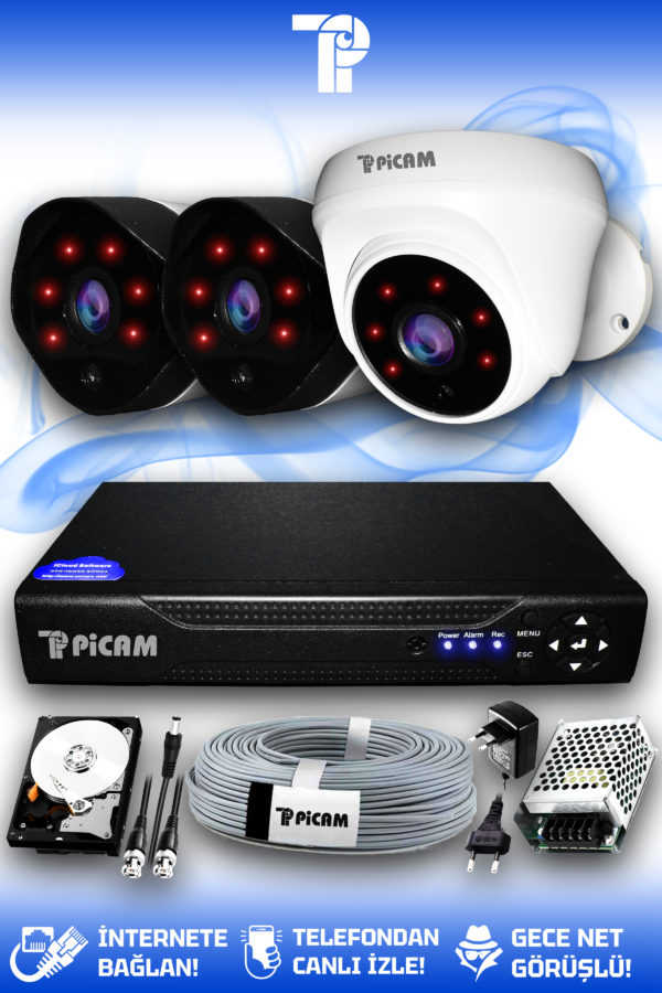 3 Kameralı Uzay 1 İç Kamera Set 2 TB HDD Full HD Gece Görüşlü Güvenlik Kamerası Sistemi