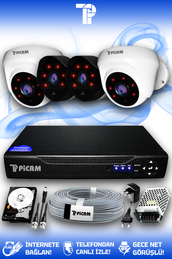 4 Kameralı Uzay 2 İç Kamera Set 2 TB HDD Full HD Gece Görüşlü Güvenlik Kamerası Sistemi