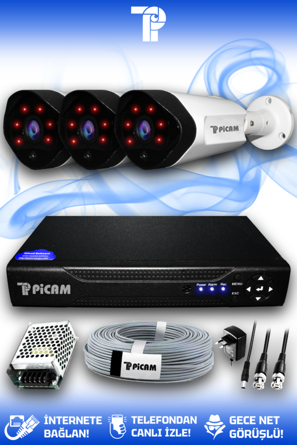 3 Kameralı Uzay 3 Dış Kamera Set HDD'siz Full HD Gece Görüşlü Güvenlik Kamerası Sistemi