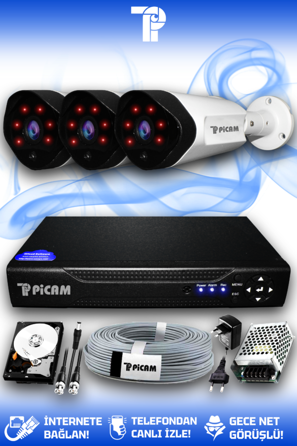 3 Kameralı Uzay 3 Dış Kamera Set 2 TB HDD Full HD Gece Görüşlü Güvenlik Kamerası Sistemi