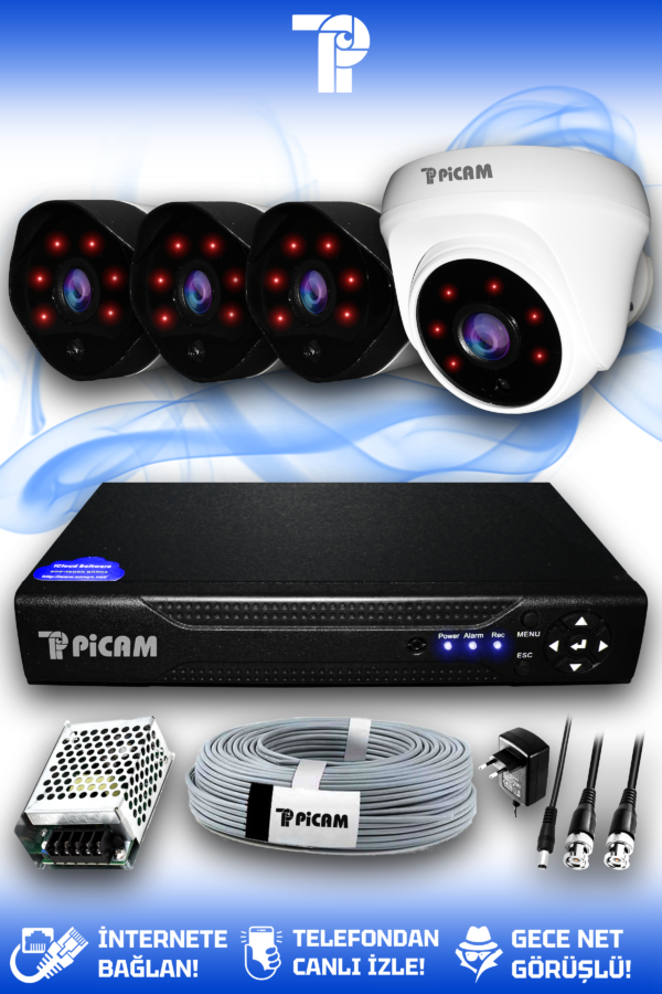4 Kameralı Uzay 1 İç Kamera Set HDD'siz Full HD Gece Görüşlü Güvenlik Kamerası Sistemi