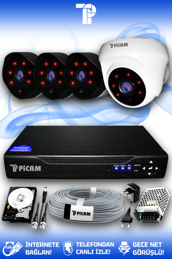 4 Kameralı Uzay 1 İç Kamera Set 1 TB HDD Full HD Gece Görüşlü Güvenlik Kamerası Sistemi