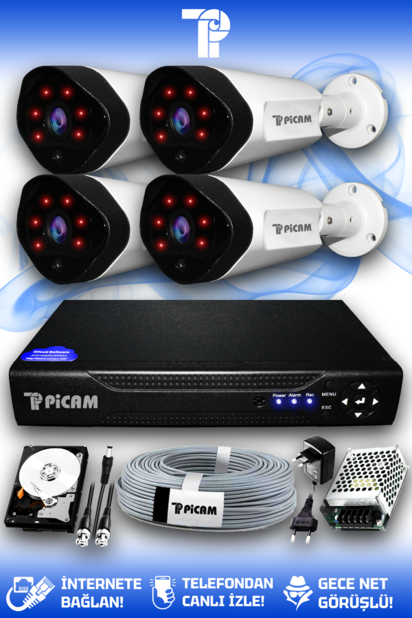 4 Kameralı Uzay 4 Dış Kamera Set 2 TB HDD Full HD Gece Görüşlü Güvenlik Kamerası Sistemi