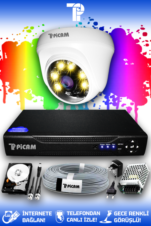 1 Kameralı Dome 1 İç Kamera Set 2 TB HDD Full HD Renkli Gece Görüşlü Güvenlik Kamerası Sistemi