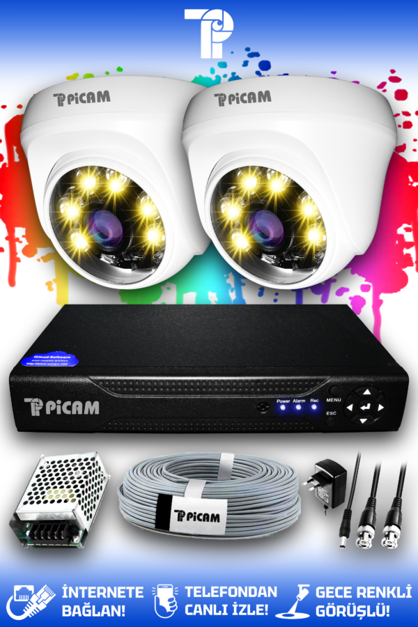 2 Kameralı Dome 2 İç Kamera Set HDD'siz Full HD Renkli Gece Görüşlü Güvenlik Kamerası Sistemi