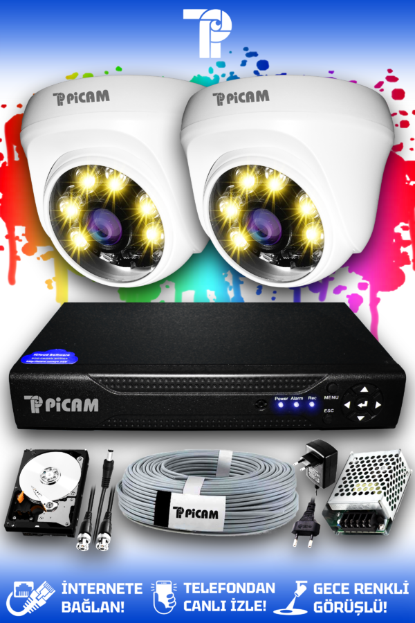 2 Kameralı Dome 2 İç Kamera Set 500 GB HDD Full HD Renkli Gece Görüşlü Güvenlik Kamerası Sistemi