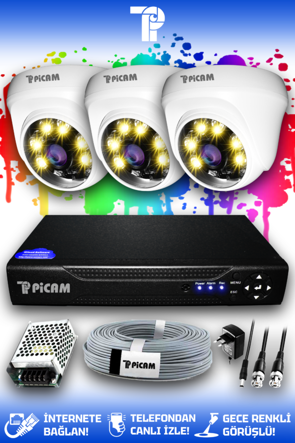 3 Kameralı Dome 3 İç Kamera Set HDD'siz Full HD Renkli Gece Görüşlü Güvenlik Kamerası Sistemi