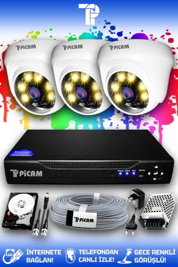3 Kameralı Dome 3 İç Kamera Set 320 GB HDD Full HD Renkli Gece Görüşlü Güvenlik Kamerası Sistemi