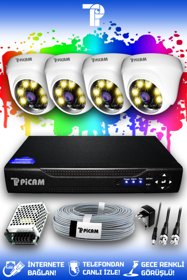 4 Kameralı Dome 4 İç Kamera Set HDD'siz Full HD Renkli Gece Görüşlü Güvenlik Kamerası Sistemi