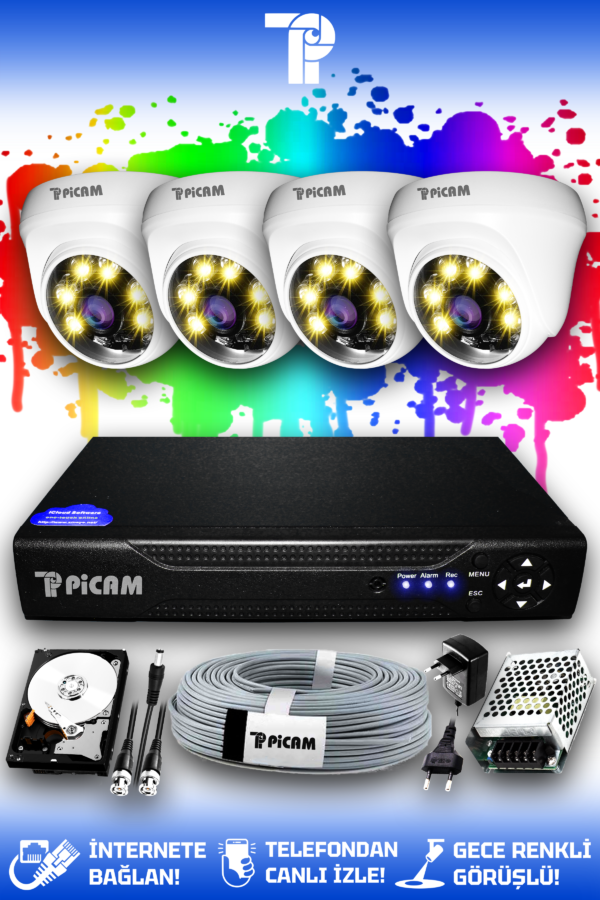 4 Kameralı Dome 4 İç Kamera Set 2 TB HDD Full HD Renkli Gece Görüşlü Güvenlik Kamerası Sistemi