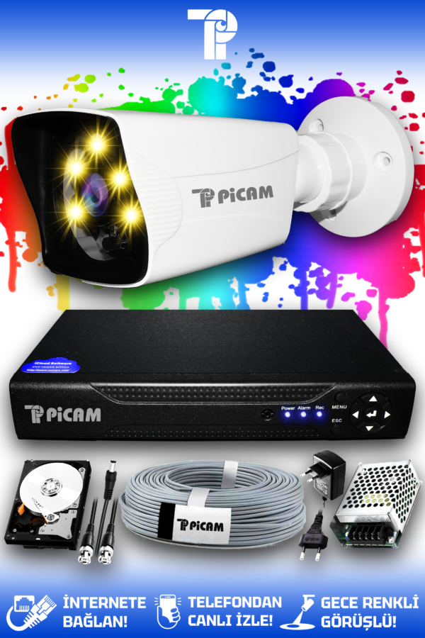 1 Kameralı Kare 1 Dış Kamera Set 1 TB HDD Full HD Renkli Gece Görüşlü Güvenlik Kamerası Sistemi