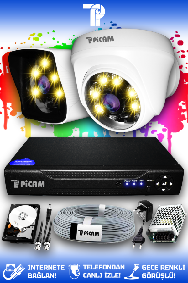 2 Kameralı Kare 1 İç Kamera Set 1 TB HDD Full HD Renkli Gece Görüşlü Güvenlik Kamerası Sistemi