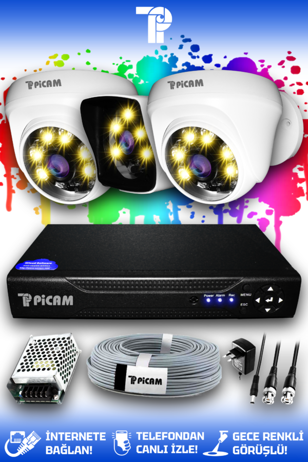 3 Kameralı Kare 2 İç Kamera Set HDD'siz Full HD Renkli Gece Görüşlü Güvenlik Kamerası Sistemi