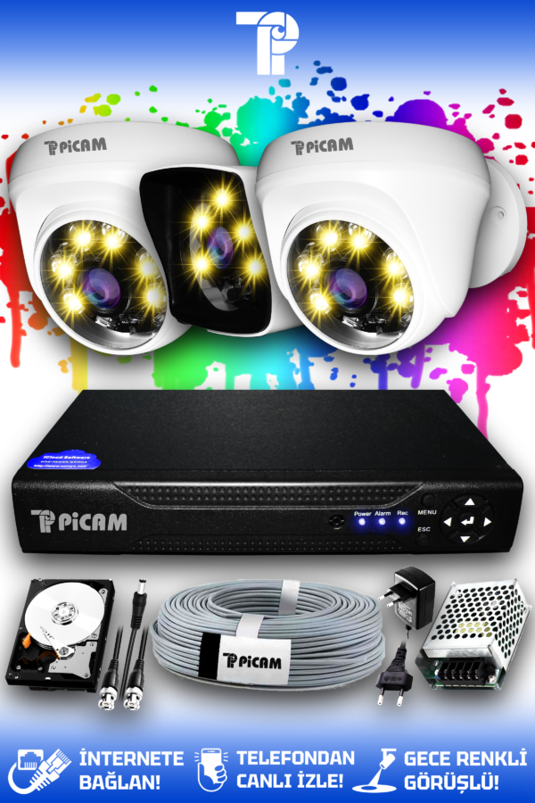 3 Kameralı Kare 2 İç Kamera Set 1 TB HDD Full HD Renkli Gece Görüşlü Güvenlik Kamerası Sistemi