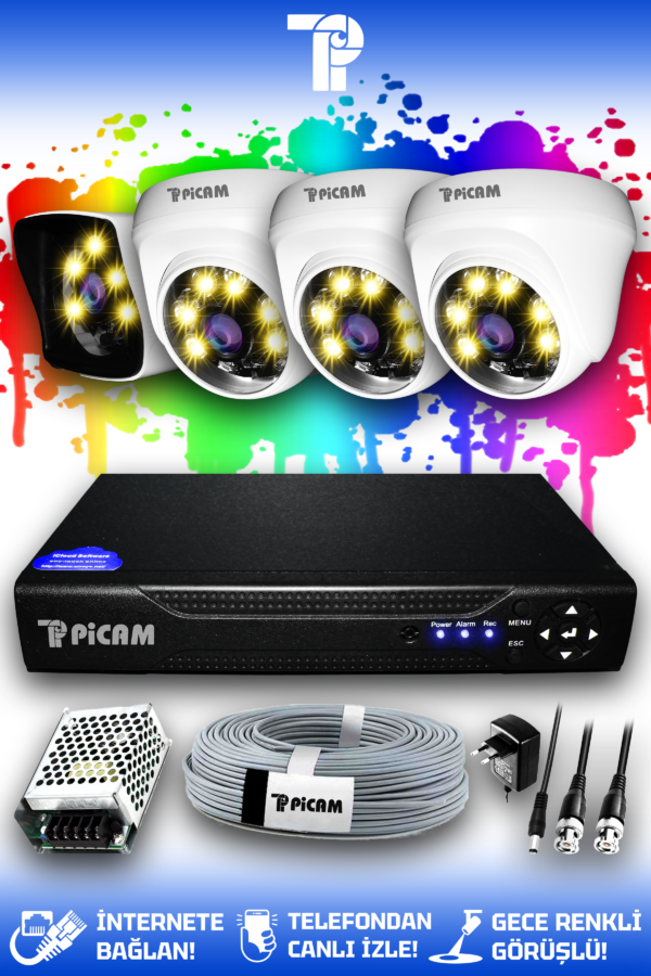 4 Kameralı Kare 3 İç Kamera Set HDD'siz Full HD Renkli Gece Görüşlü Güvenlik Kamerası Sistemi