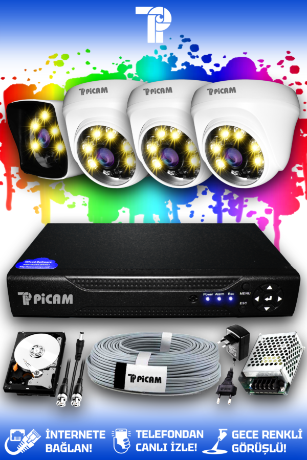 4 Kameralı Kare 3 İç Kamera Set 250 GB HDD Full HD Renkli Gece Görüşlü Güvenlik Kamerası Sistemi