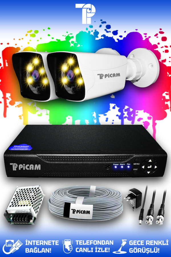 2 Kameralı Kare 2 Dış Kamera Set HDD'siz Full HD Renkli Gece Görüşlü Güvenlik Kamerası Sistemi