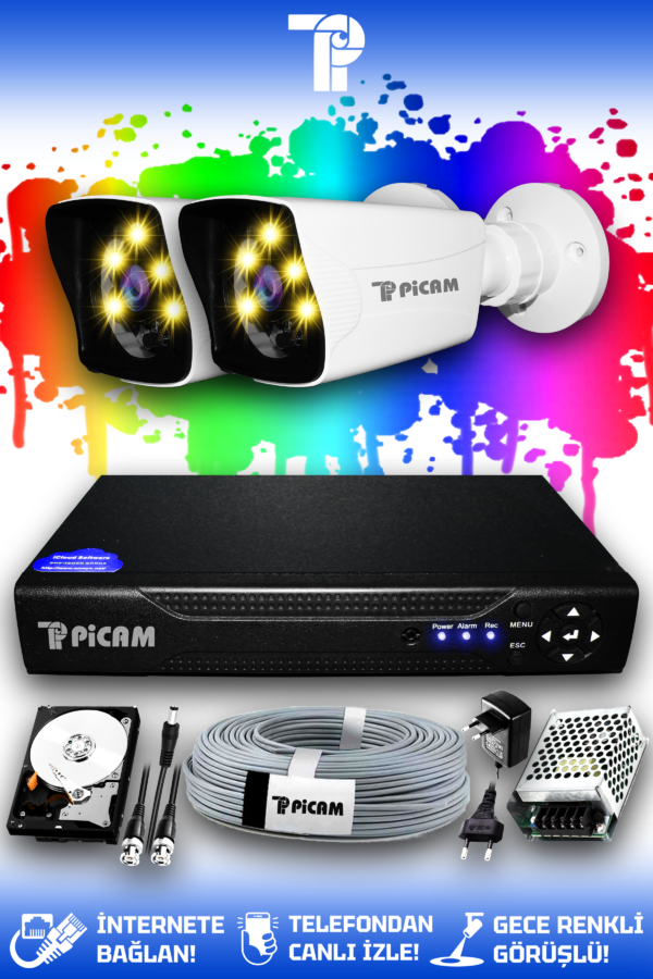 2 Kameralı Kare 2 Dış Kamera Set 500 GB HDD Full HD Renkli Gece Görüşlü Güvenlik Kamerası Sistemi