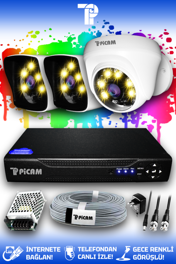 3 Kameralı Kare 1 İç Kamera Set HDD'siz Full HD Renkli Gece Görüşlü Güvenlik Kamerası Sistemi