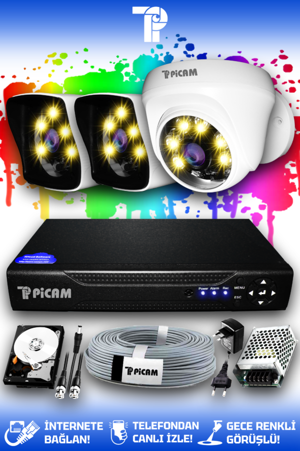 3 Kameralı Kare 1 İç Kamera Set 100 GB HDD Full HD Renkli Gece Görüşlü Güvenlik Kamerası Sistemi