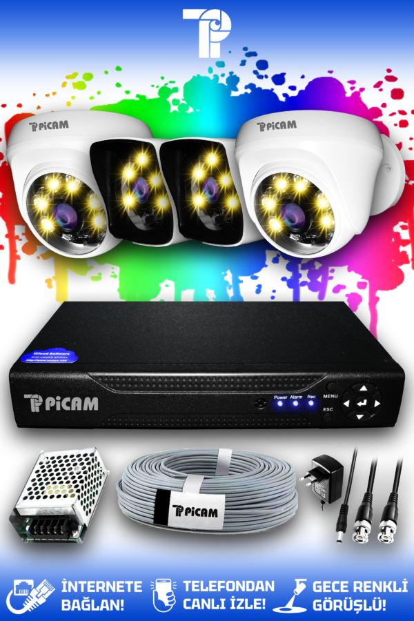 4 Kameralı Kare 2 İç Kamera Set HDD'siz Full HD Renkli Gece Görüşlü Güvenlik Kamerası Sistemi