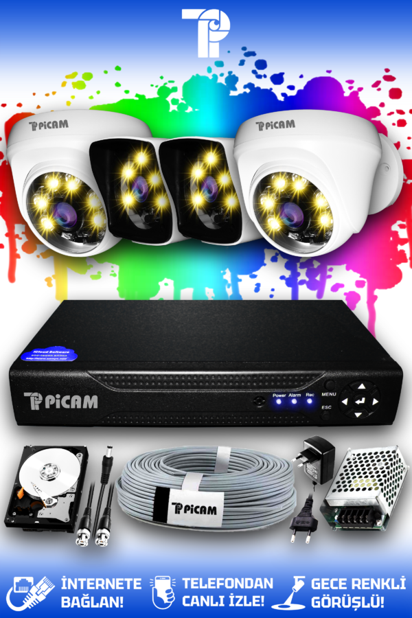 4 Kameralı Kare 2 İç Kamera Set 320 GB HDD Full HD Renkli Gece Görüşlü Güvenlik Kamerası Sistemi