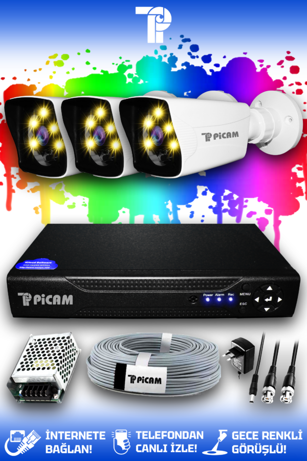 3 Kameralı Kare 3 Dış Kamera Set HDD'siz Full HD Renkli Gece Görüşlü Güvenlik Kamerası Sistemi