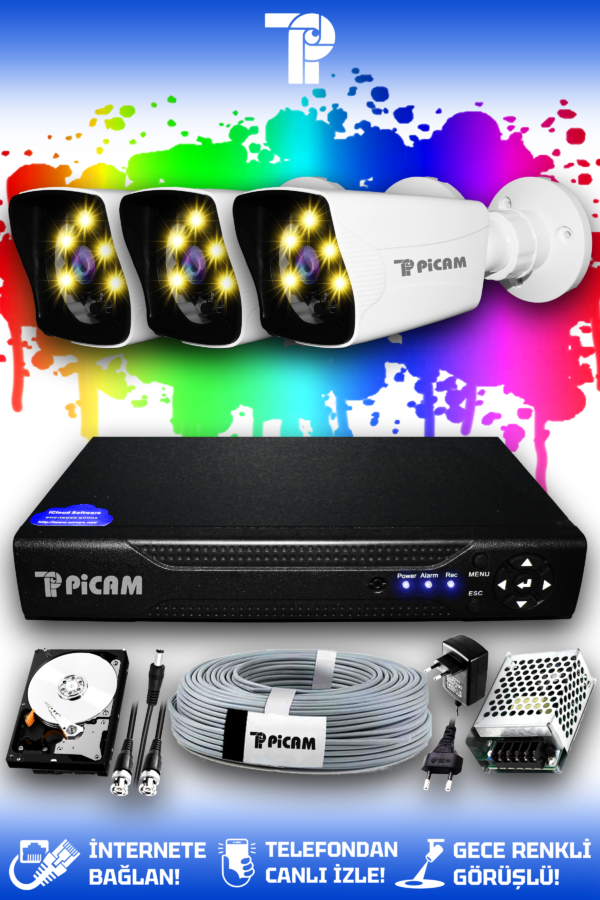 3 Kameralı Kare 3 Dış Kamera Set 320 GB HDD Full HD Renkli Gece Görüşlü Güvenlik Kamerası Sistemi