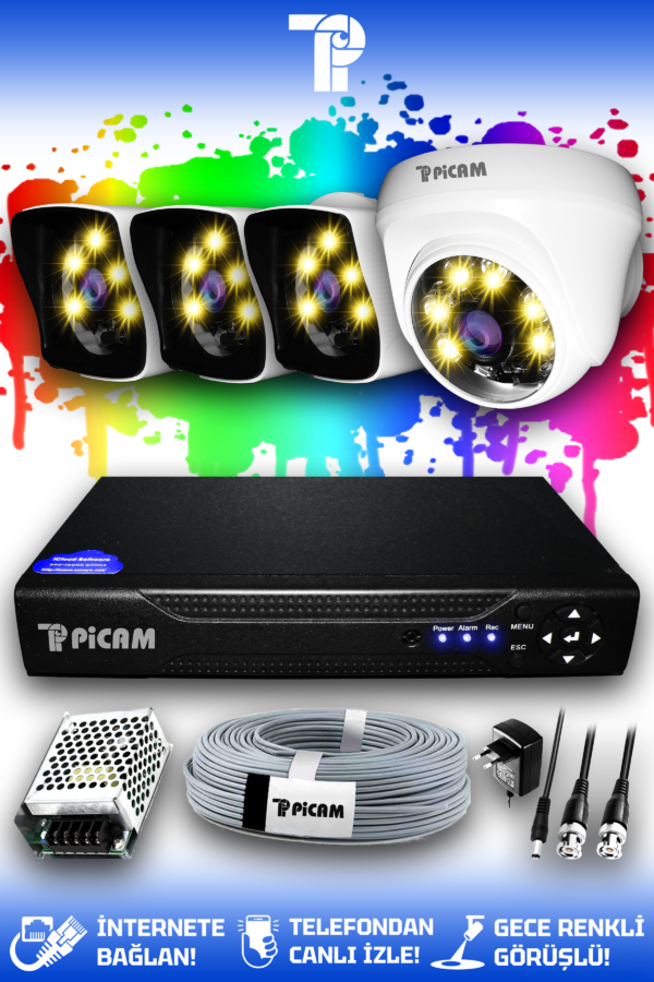 4 Kameralı Kare 1 İç Kamera Set HDD'siz Full HD Renkli Gece Görüşlü Güvenlik Kamerası Sistemi