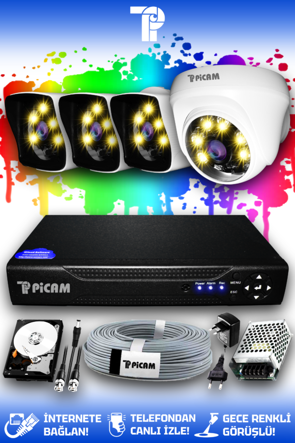 4 Kameralı Kare 1 İç Kamera Set 1 TB HDD Full HD Renkli Gece Görüşlü Güvenlik Kamerası Sistemi