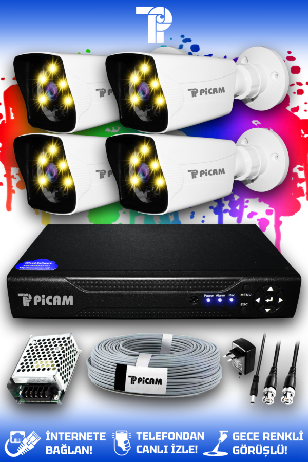 4 Kameralı Kare 4 Dış Kamera Set HDD'siz Full HD Renkli Gece Görüşlü Güvenlik Kamerası Sistemi