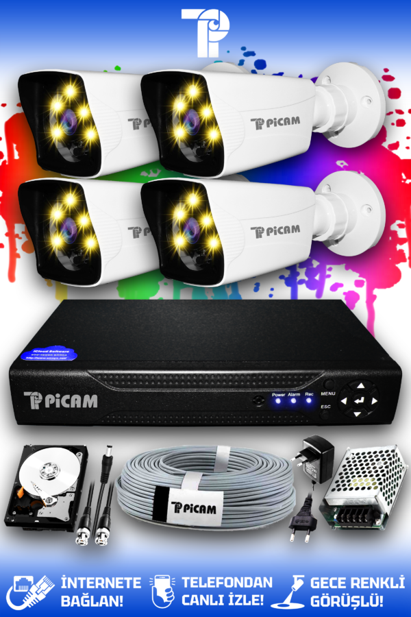 4 Kameralı Kare 4 Dış Kamera Set 1 TB HDD Full HD Renkli Gece Görüşlü Güvenlik Kamerası Sistemi