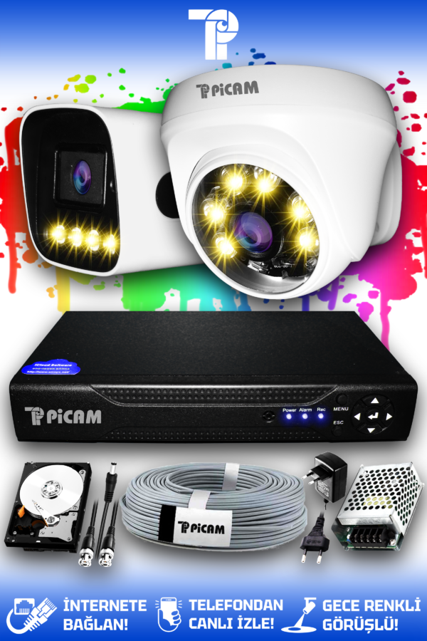 2 Kameralı Zebra 1 İç Kamera Set 2 TB HDD Full HD Renkli Gece Görüşlü Güvenlik Kamerası Sistemi