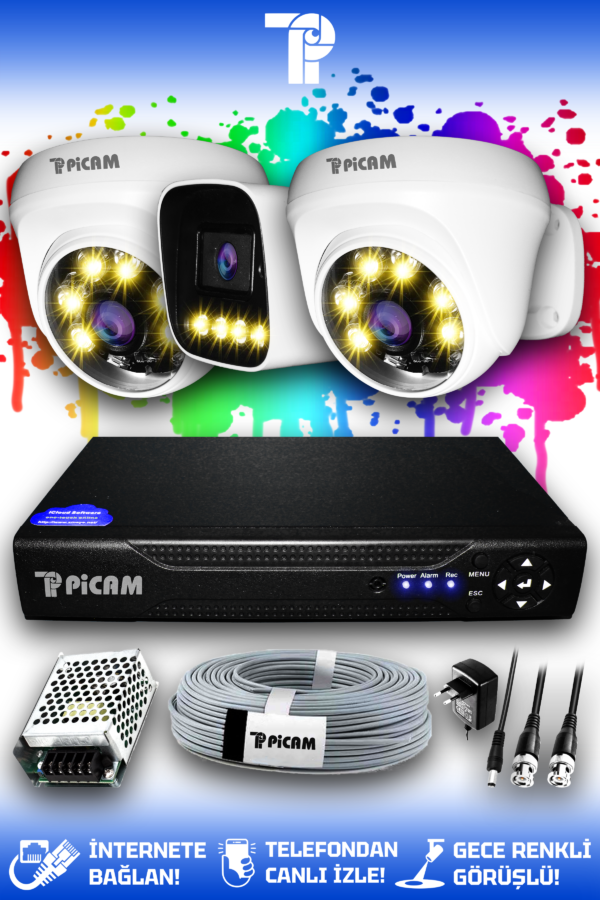 3 Kameralı Zebra 2 İç Kamera Set HDD'siz Full HD Renkli Gece Görüşlü Güvenlik Kamerası Sistemi