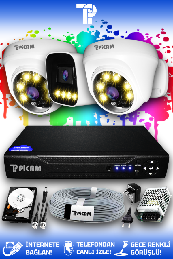3 Kameralı Zebra 2 İç Kamera Set 500 GB HDD Full HD Renkli Gece Görüşlü Güvenlik Kamerası Sistemi