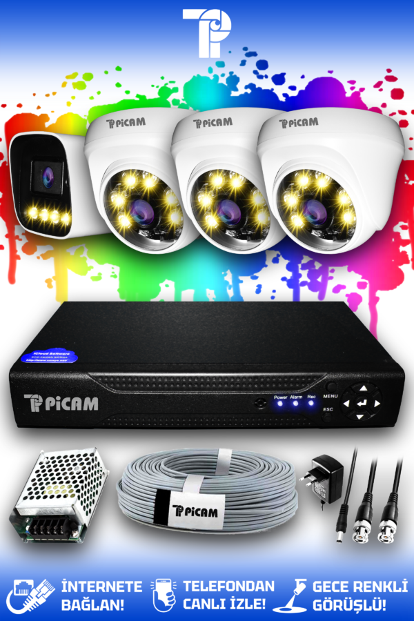 4 Kameralı Zebra 3 İç Kamera Set HDD'siz Full HD Renkli Gece Görüşlü Güvenlik Kamerası Sistemi