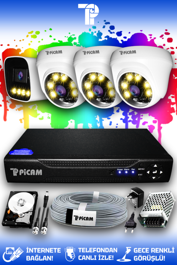 4 Kameralı Zebra 3 İç Kamera Set 100 GB HDD Full HD Renkli Gece Görüşlü Güvenlik Kamerası Sistemi