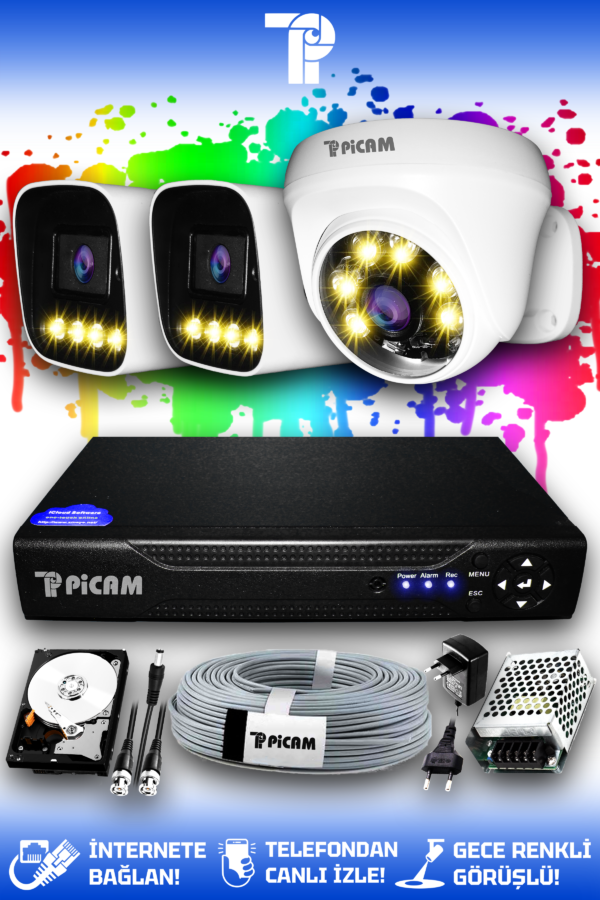 3 Kameralı Zebra 1 İç Kamera Set 320 GB HDD Full HD Renkli Gece Görüşlü Güvenlik Kamerası Sistemi