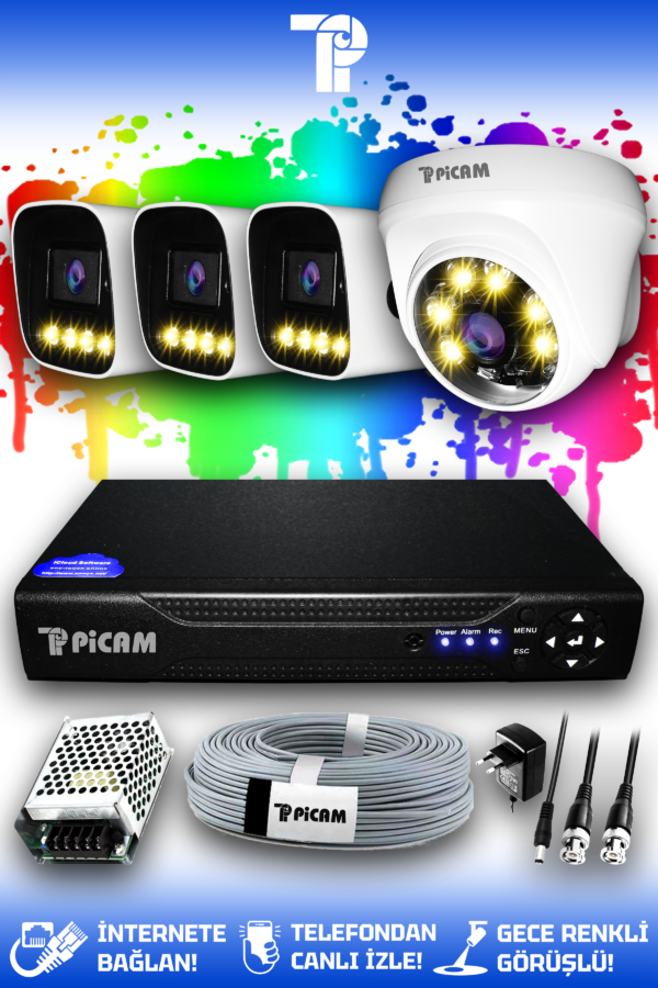 4 Kameralı Zebra 1 İç Kamera Set HDD'siz Full HD Renkli Gece Görüşlü Güvenlik Kamerası Sistemi