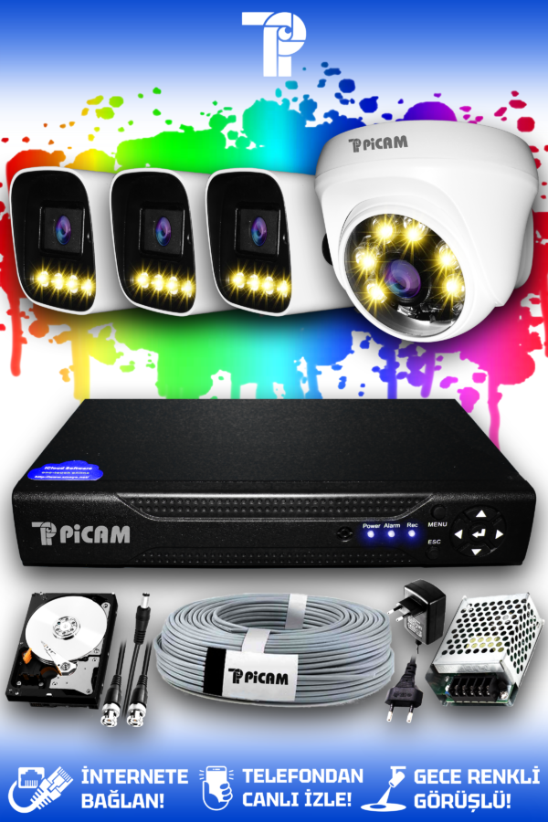 4 Kameralı Zebra 1 İç Kamera Set 500 GB HDD Full HD Renkli Gece Görüşlü Güvenlik Kamerası Sistemi