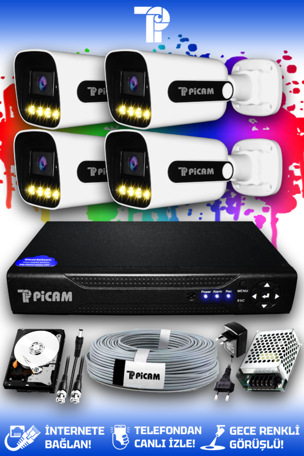 4 Kameralı Zebra 4 Dış Kamera Set 2 TB HDD Full HD Renkli Gece Görüşlü Güvenlik Kamerası Sistemi