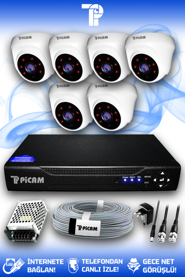6 Kameralı Dome 6 İç Kamera Set HDD'siz Full HD Gece Görüşlü Güvenlik Kamerası Sistemi