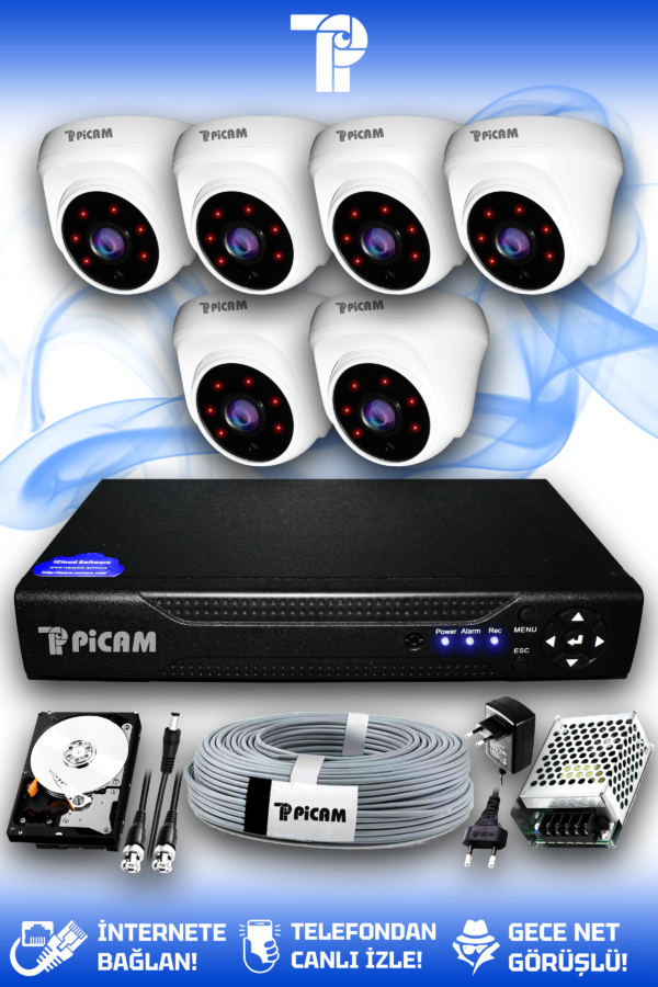 6 Kameralı Dome 6 İç Kamera Set 320 GB HDD Full HD Gece Görüşlü Güvenlik Kamerası Sistemi